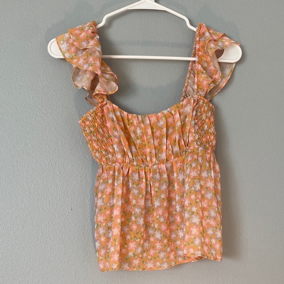 Elodie Orange and White Floral Blouse with Ruffle Sleeves - Picture 1 of 5